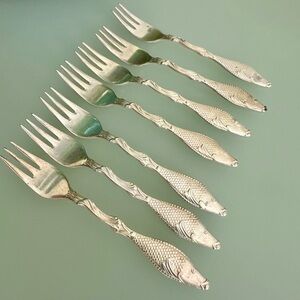 RARE VINTAGE PRIMA NS ALP Swedish Fish Fork set of 7 Sterling Silver Plated